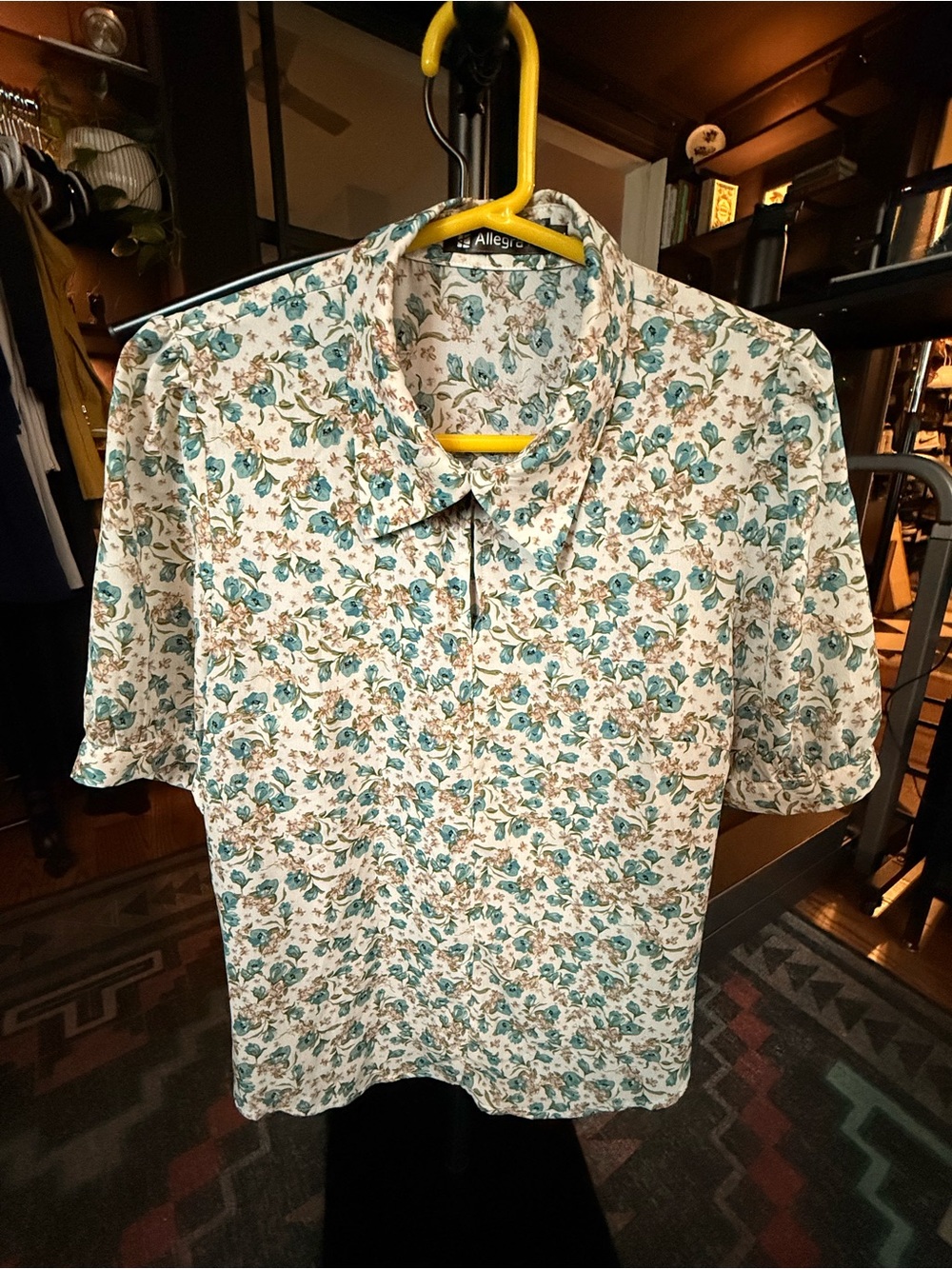 Allegra K Floral Short-Sleeve Blouse in Cream, Teal & Brown